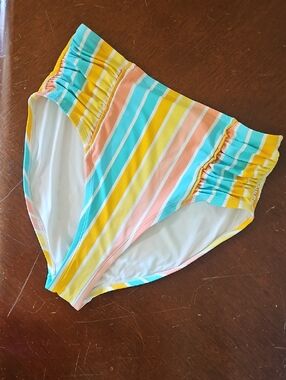 Matilda Jane Striped High-Waist Swim Bottoms in Teal, Yellow, Pink & Peach